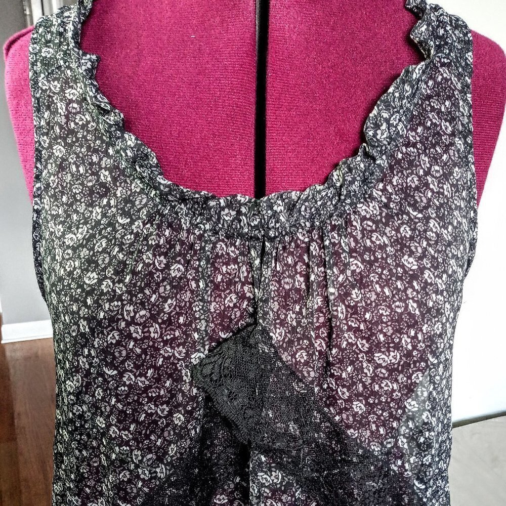 Bisou Bisou Sheer Black & White Lace Trim Top